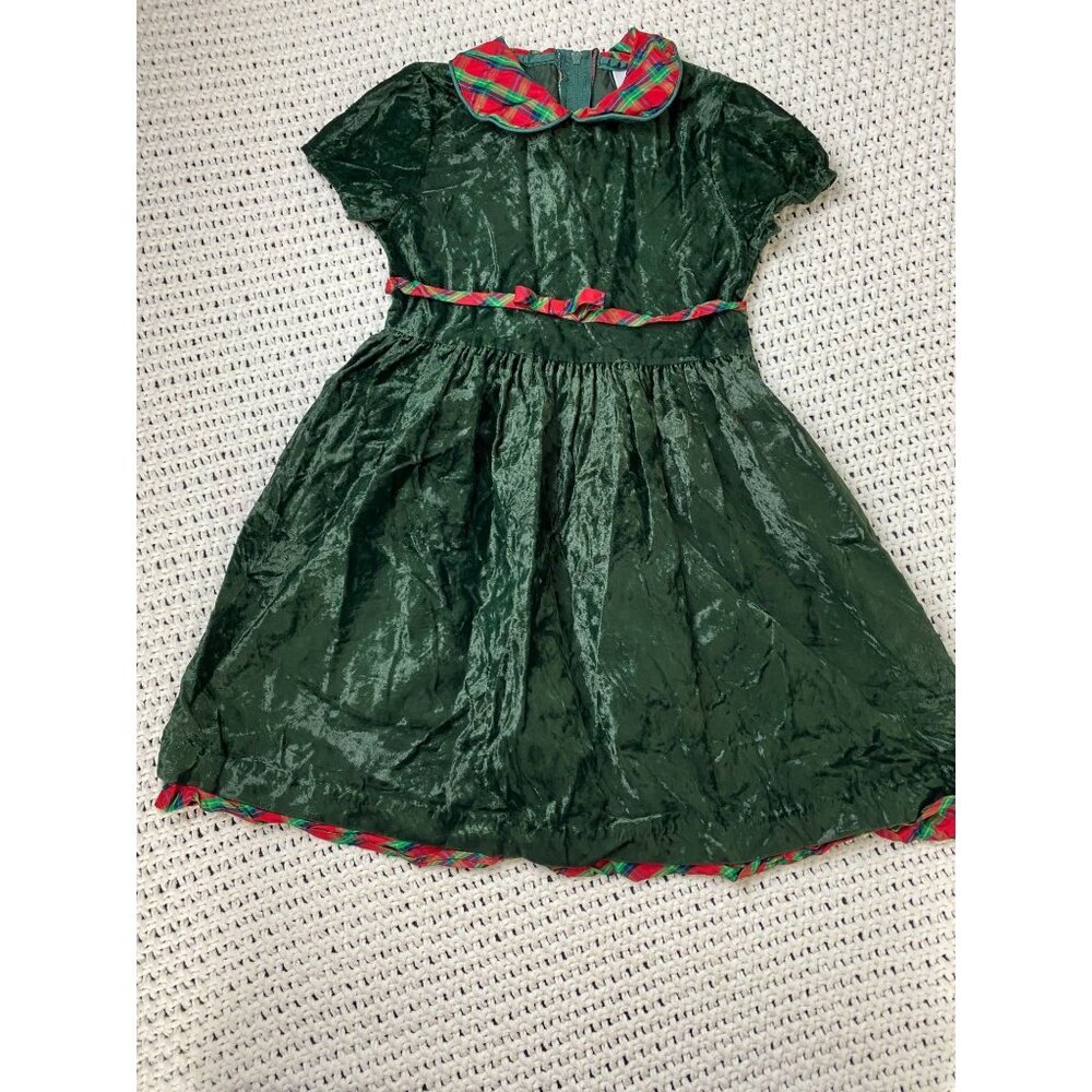 Vintage Sugar Plum Velvet Green Christmas Holiday Dress Kids Size 5T Red Plaid